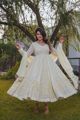 Off White Colour Faux Geortte Party Wear Fully Stitched Anarkali Style Gown Set 1