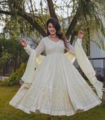 Off White Colour Faux Geortte Party Wear Fully Stitched Anarkali Style Gown Set