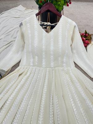 Off White Colour Faux Geortte Party Wear Fully Stitched Anarkali Style Gown Set 3