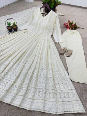 Off White Colour Faux Geortte Party Wear Fully Stitched Anarkali Style Gown Set 4