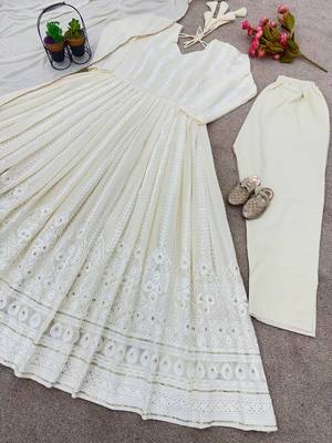 Off White Colour Faux Geortte Party Wear Fully Stitched Anarkali Style Gown Set 6