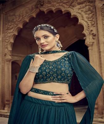  GREEN BLUE GEORGETTE HANDWORK LEHENGA CHOLI  3