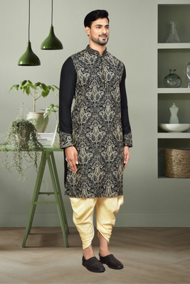 Black art silk in aari work indian kurta patiyala for men's 2