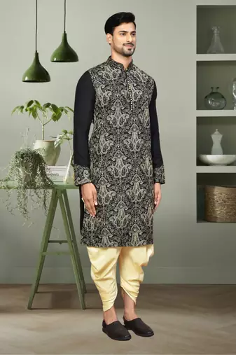 Black art silk in aari work indian kurta patiyala for men's