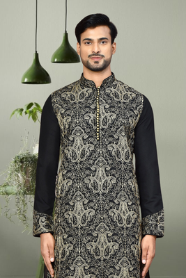 Black art silk in aari work indian kurta patiyala for men's 4