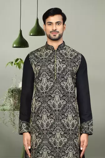 Black art silk in aari work indian kurta patiyala for men's