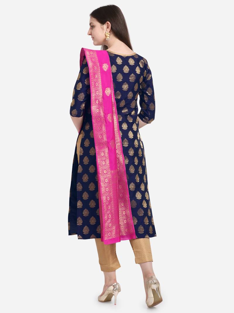 Silk Blend Unstitched Churidar Dress Material With Banarasi Dupatta