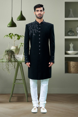 Black suit navabi sherwani with embroidered kurta churidar for men's 1