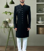 Black suit navabi sherwani with embroidered kurta churidar for men's