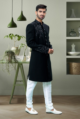Black suit navabi sherwani with embroidered kurta churidar for men's 2