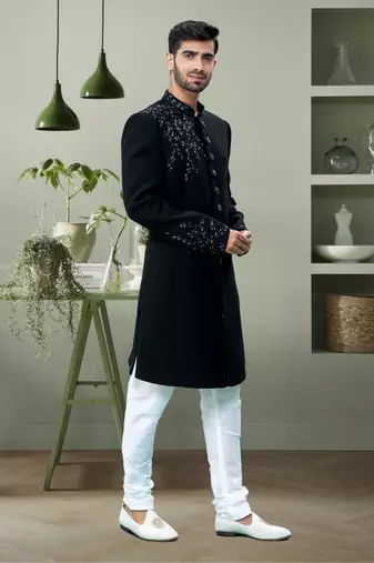 Black suit navabi sherwani with embroidered kurta churidar for men's