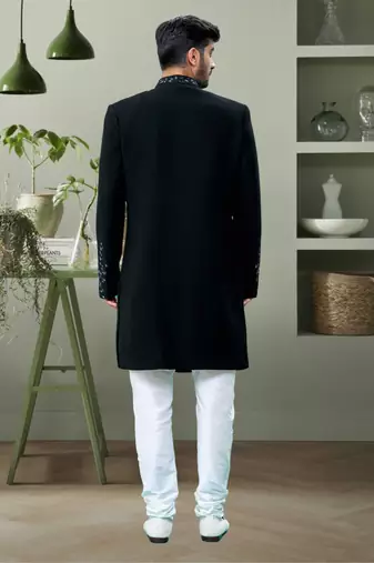 Black suit navabi sherwani with embroidered kurta churidar for men's