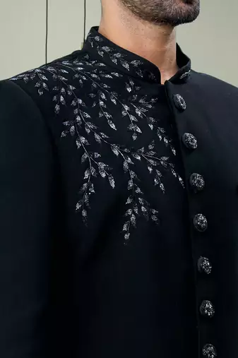 Black suit navabi sherwani with embroidered kurta churidar for men's