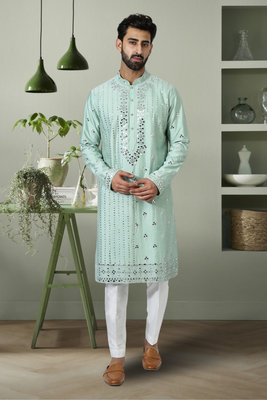 Peach art silk embroidered indian kurta pant for men's 1