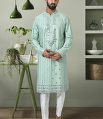 Peach art silk embroidered indian kurta pant for men's