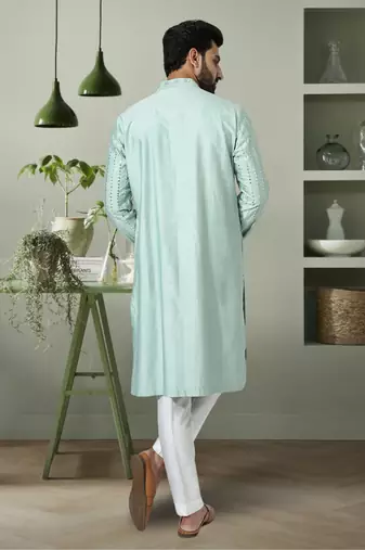 Peach art silk embroidered indian kurta pant for men's