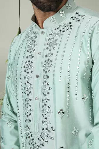 Peach art silk embroidered indian kurta pant for men's