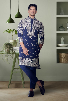 Navy blue art silk beautiful aari work indian kurta pant for men's 1