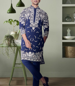 Navy blue art silk beautiful aari work indian kurta pant for men's