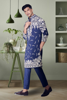 Navy blue art silk beautiful aari work indian kurta pant for men's 2