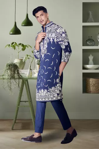 Navy blue art silk beautiful aari work indian kurta pant for men's
