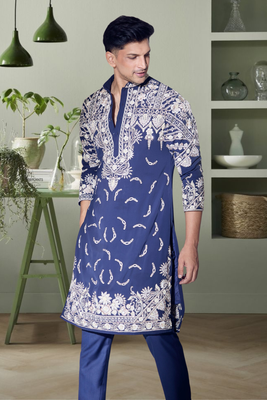Navy blue art silk beautiful aari work indian kurta pant for men's 3