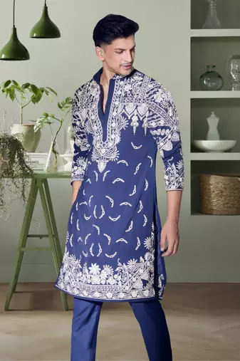 Navy blue art silk beautiful aari work indian kurta pant for men's