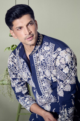 Navy blue art silk beautiful aari work indian kurta pant for men's 4