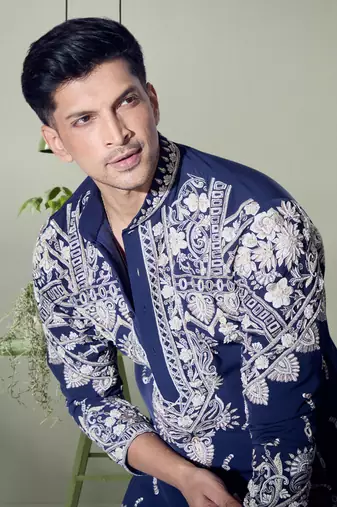 Navy blue art silk beautiful aari work indian kurta pant for men's