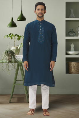 Sea green art silk beautiful embroidery kurta pyjama for men's 1