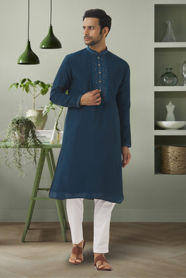 Sea green art silk beautiful embroidery kurta pyjama for men's 2