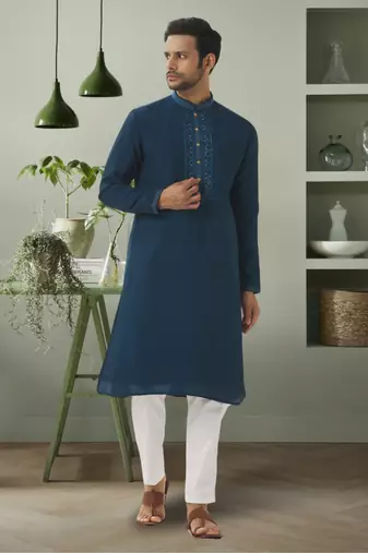 Sea green art silk beautiful embroidery kurta pyjama for men's