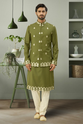Mehandi color jacket kurta set beautiful aari work floral design for men's 1