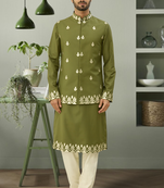Mehandi color jacket kurta set beautiful aari work floral design for men's