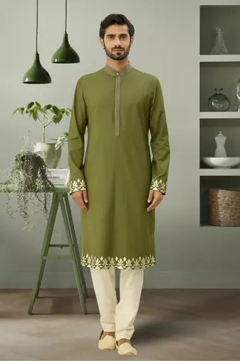 Mehandi color jacket kurta set beautiful aari work floral design for men's