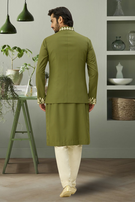 Mehandi color jacket kurta set beautiful aari work floral design for men's 3
