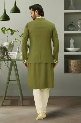 Mehandi color jacket kurta set beautiful aari work floral design for men's