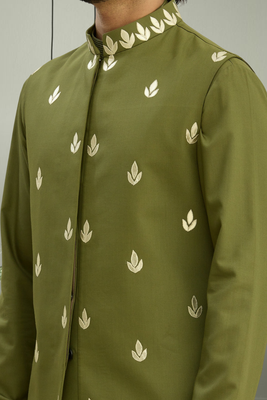 Mehandi color jacket kurta set beautiful aari work floral design for men's 4