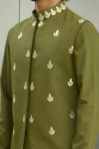 Mehandi color jacket kurta set beautiful aari work floral design for men's