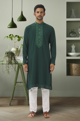 Dark green art silk kurta pyjama indian embroidered beautiful design for men's 1