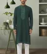 Dark green art silk kurta pyjama indian embroidered beautiful design for men's