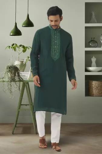 Dark green art silk kurta pyjama indian embroidered beautiful design for men's
