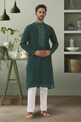 Dark green art silk kurta pyjama indian embroidered beautiful design for men's 3