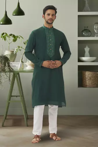 Dark green art silk kurta pyjama indian embroidered beautiful design for men's