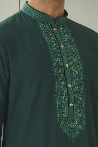 Dark green art silk kurta pyjama indian embroidered beautiful design for men's