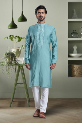 Sky blue art silk kurta pyjama indian ethnic wear for men's 1