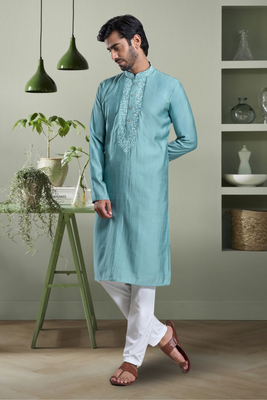 Sky blue art silk kurta pyjama indian ethnic wear for men's 2