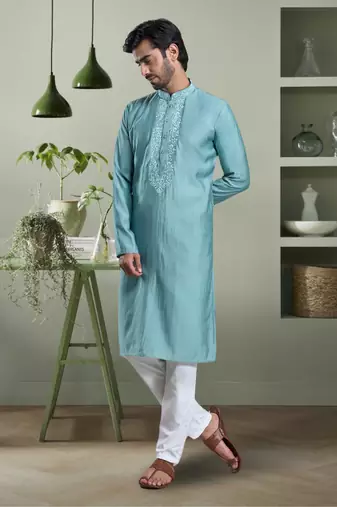Sky blue art silk kurta pyjama indian ethnic wear for men's
