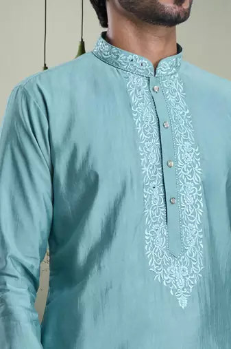 Sky blue art silk kurta pyjama indian ethnic wear for men's