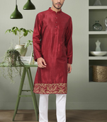 Maroon art silk kurta pyjama for men's with aari work treaditional look